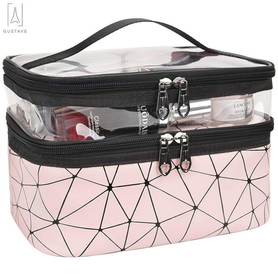 Gustave Travel Cosmetic Makeup Bag Organizer Portable Double Layer Clear Makeup Brush Case Organizer Waterproof PU Leather Toiletry Bags with Zipper for Women (Pink)