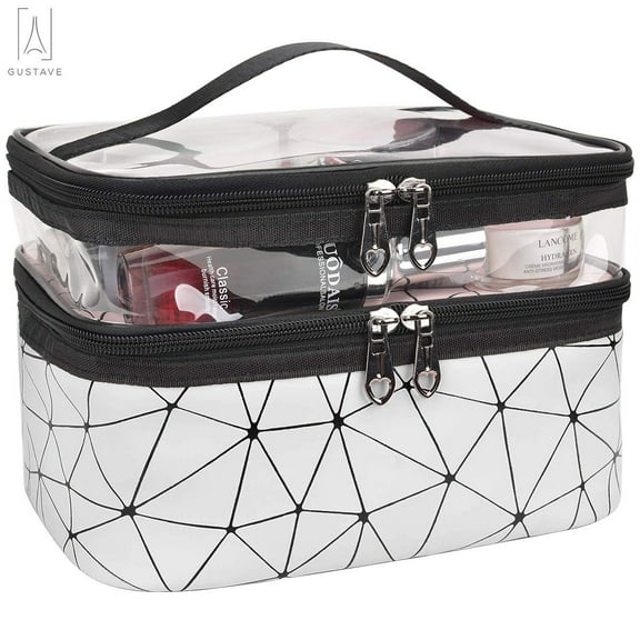 Gustave Travel Cosmetic Makeup Bag Organizer Portable Double Layer Clear Makeup Brush Case Organizer Waterproof PU Leather Toiletry Bags with Zipper for Women (Silver)