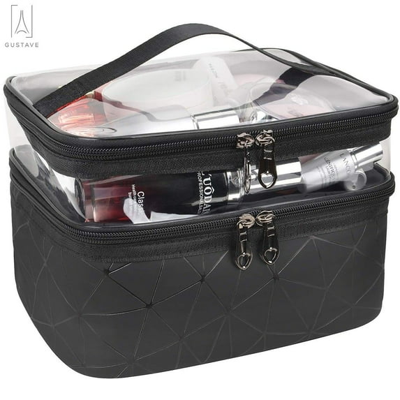 Gustave Travel Cosmetic Makeup Bag Organizer Portable Double Layer Clear Makeup Brush Case Organizer Waterproof PU Leather Toiletry Bags with Zipper for Women (Black)