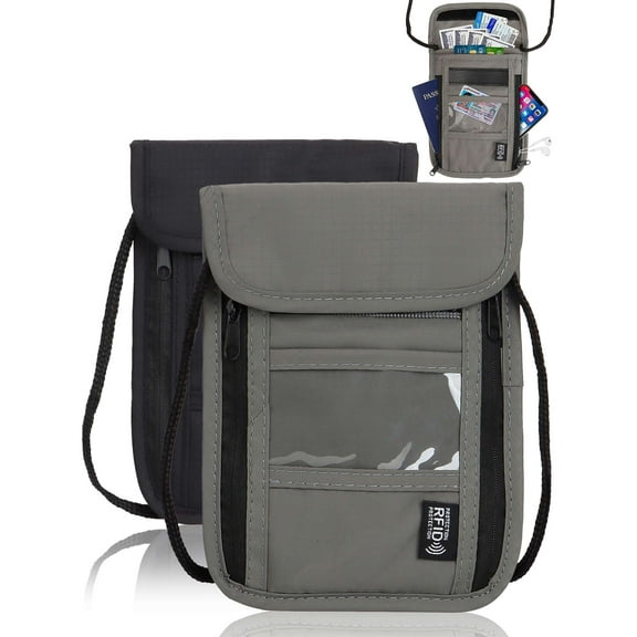 Gustave Travel Neck Wallet RFID Blocking Passport Holder Neck Pouch Waterproof Security Wallets with Adjustable Strap for Men Women "Gray"