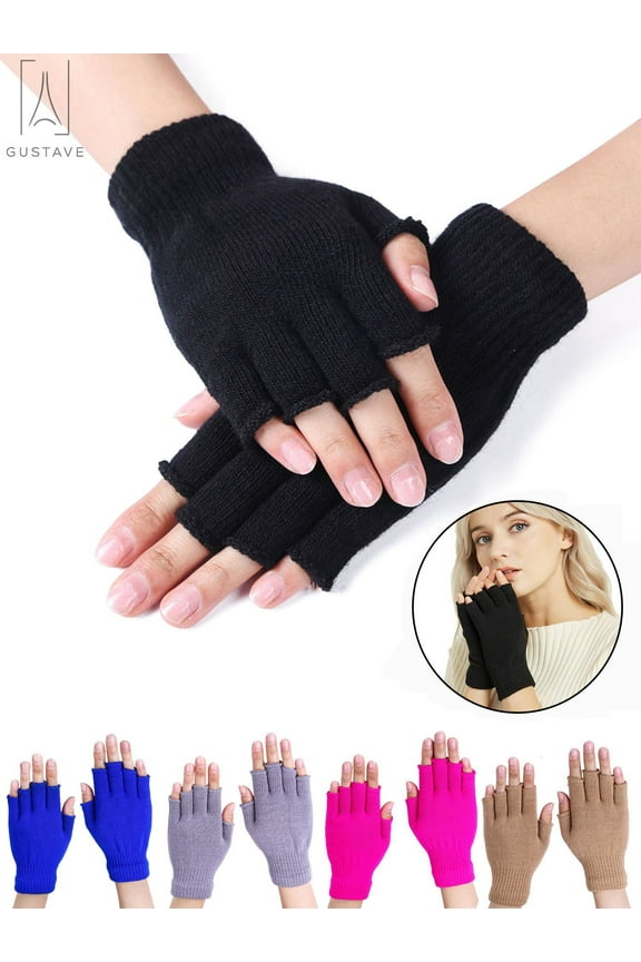 Unisex Half Finger Gloves Winter Warm Stretchy Knit Gloves for Women Men "Gray"