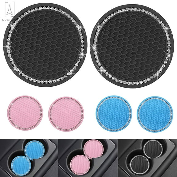 Gustave Universal Car Cup Coasters Silicone Anti Slip Crystal Rhinestone Car Coaster Vehicle Bling Cup Holder Insert Coaster Car Interior Accessories, Set of 2 (Blue)
