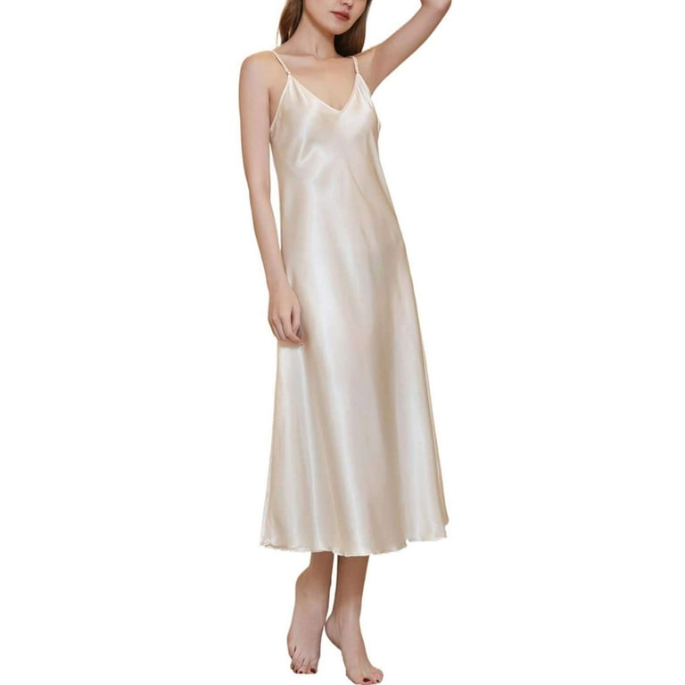 Silk Nightgown Women Long Satin Nightgown Nightie Nightshirt Chemise Night  Dress Slip Bridesmaid Sleepwear Nude Beige Underdress Slip 