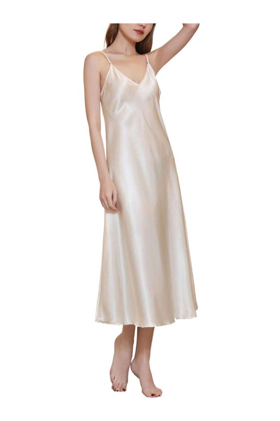V Neck Silk Nightgowns for Women Sexy Satin Chemise Lingerie Sleepwear Silk Slip Nightdress Elegant Spaghetti Strap Midi Dress "Champagne, M"