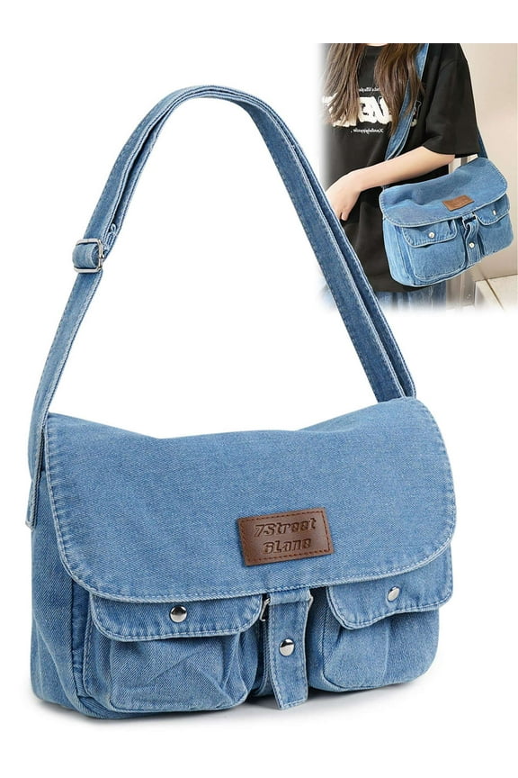 Women's Denim Tote Bag Large Shoulder Crossbody Bag Retro Y2K Jean Purses and Handbags Multi Pockets Casual Hobo Messenger Bags - Blue