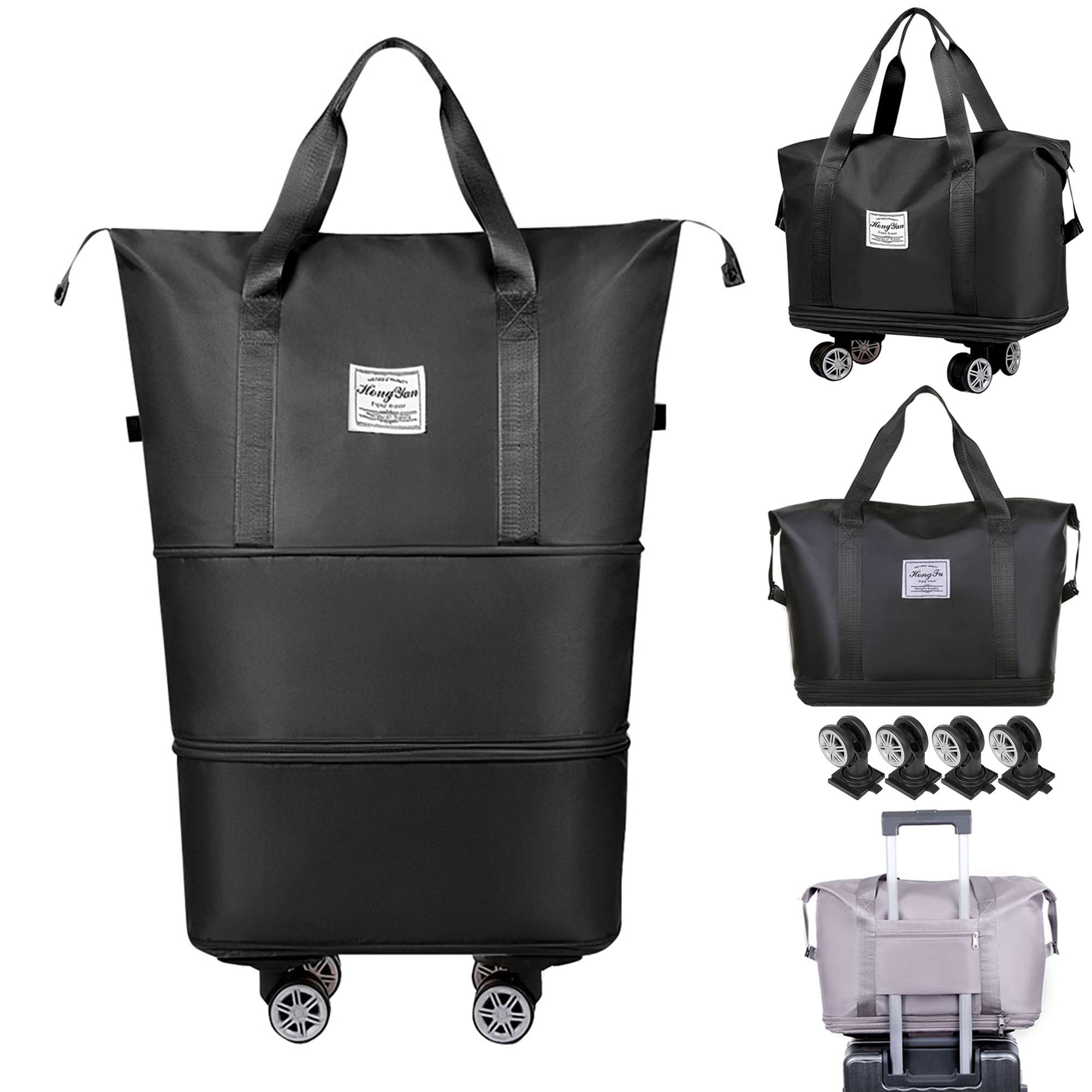 Gustave Expandable Duffle Bag for Travel with Wheels and Handle, Foldable Rolling Luggage Carry On Suitcase Weekender Travel Bags Large Capacity Waterproof, Black
