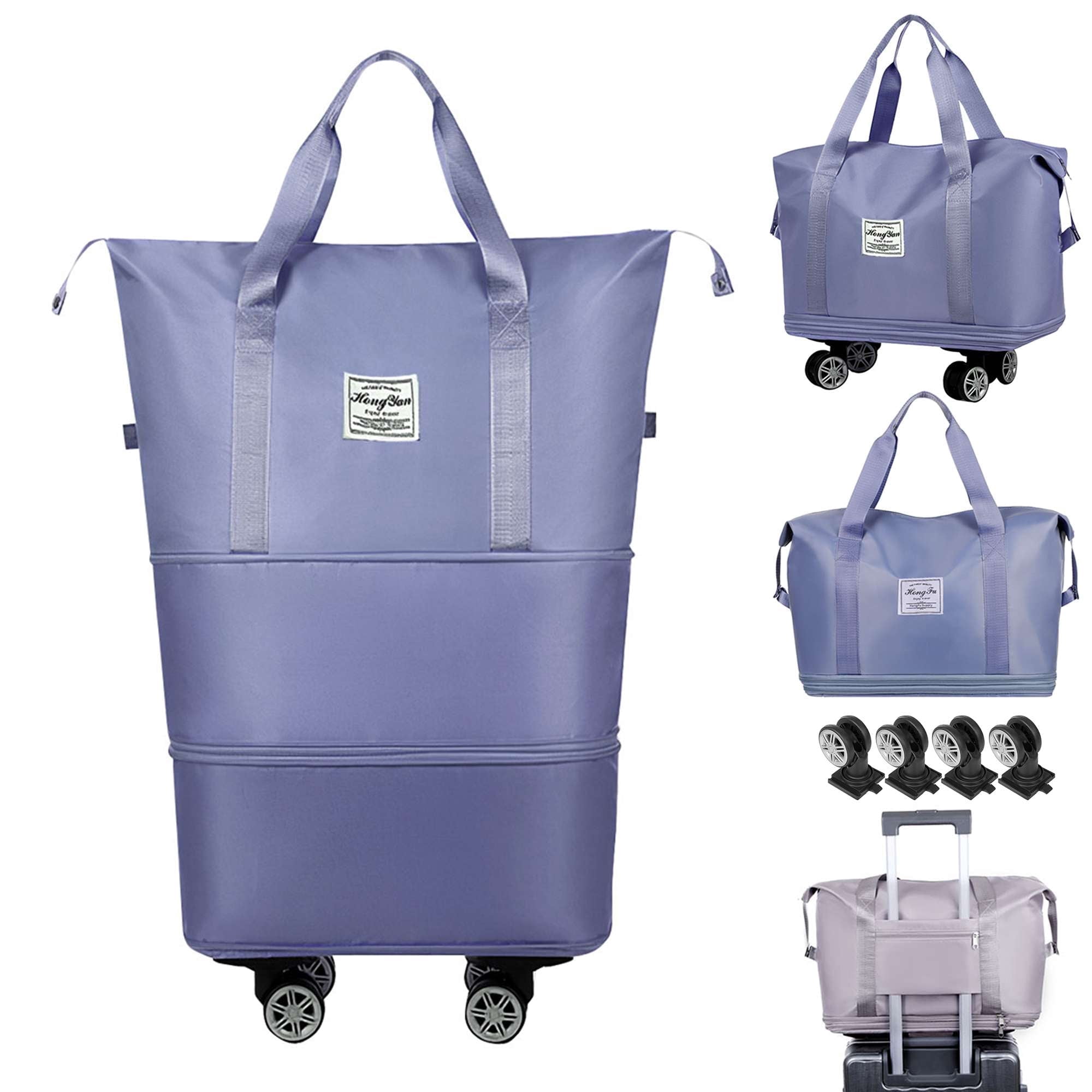 Gustave Expandable Duffle Bag for Travel with Wheels and Handle, Foldable Rolling Luggage Carry On Suitcase Weekender Travel Bags Large Capacity Waterproof, Blue