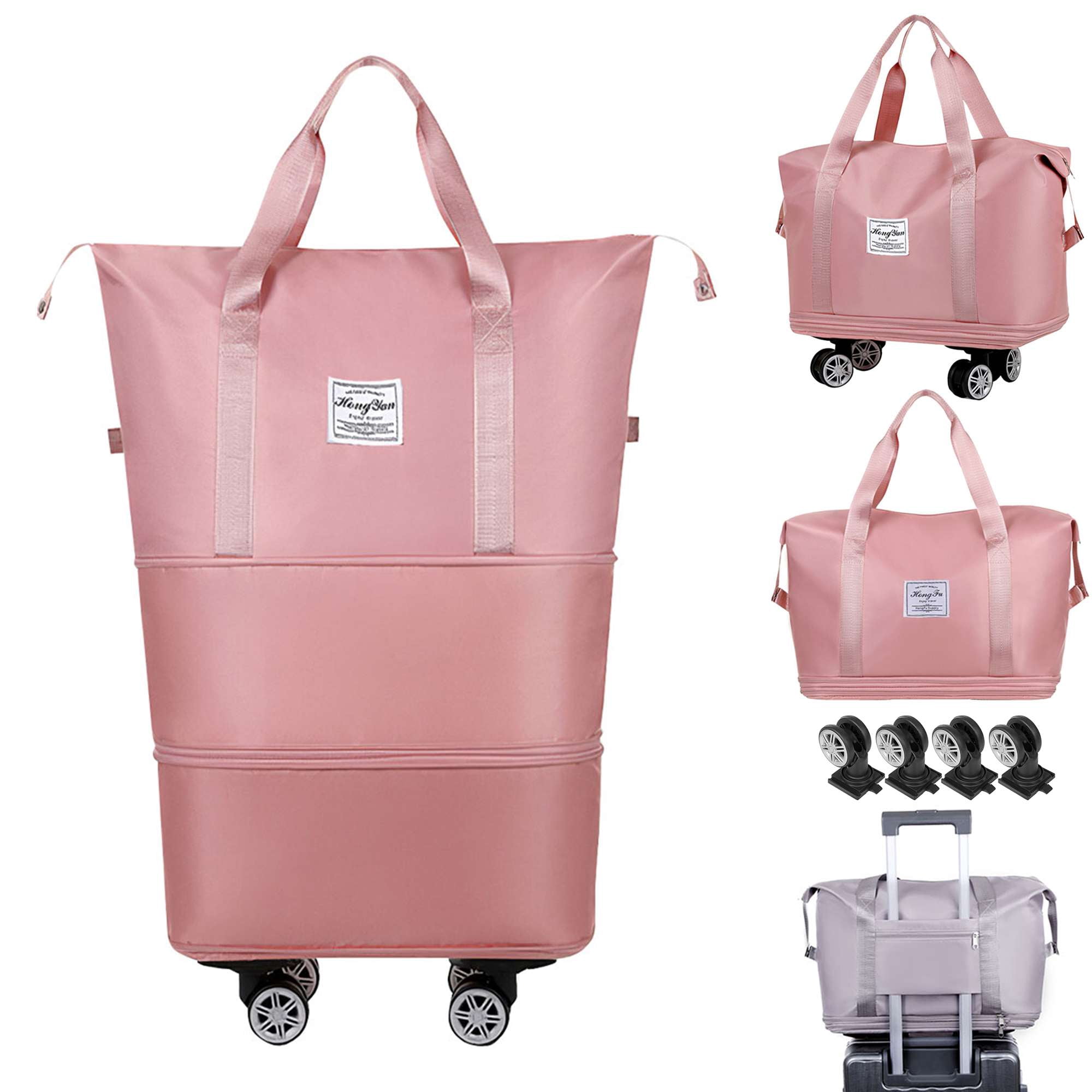Gustave Expandable Duffle Bag for Travel with Wheels and Handle, Foldable Rolling Luggage Carry On Suitcase Weekender Travel Bags Large Capacity Waterproof, Pink