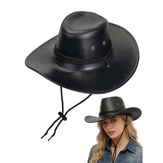 Gustave Western Cowboy Cowgirl Hat for Women Men PU Leather Vintage Wide Brim Outback Sun Hat with Chin Strap for Outdoor Hiking - Black