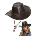 thumbnail image 1 of Gustave Western Cowboy Cowgirl Hat for Women Men PU Leather Vintage Wide Brim Outback Sun Hat with Chin Strap for Outdoor Hiking - Brown, 1 of 6