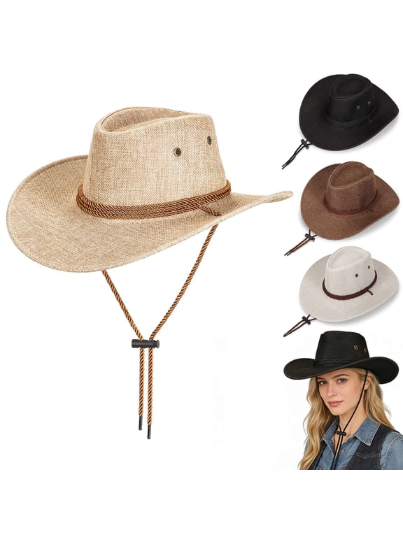 Western Cowboy Hat for Men Women Breathable Linen Wide Brim Summer Sun Hat with Chin Strap for Outdoor Travel Hiking Beach - Beige
