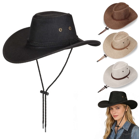 Gustave Western Cowboy Hat for Men Women Breathable Linen Wide Brim Summer Sun Hat with Chin Strap for Outdoor Travel Hiking Beach - Black
