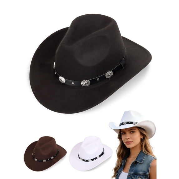 Gustave Western Cowboy Hat for Women Men, Unisex Vintage Wide Brim Felt Fedora Hat with Belt Buckle for Cowgirls Cowboys - Black