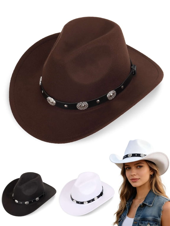 Western Cowboy Hat for Women Men, Unisex Vintage Wide Brim Felt Fedora Hat with Belt Buckle for Cowgirls Cowboys - Coffee