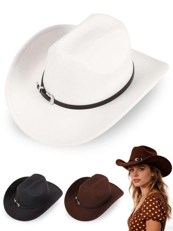 Western Felt Cowboy Hat Wide Brim Fedora for Men Women Classic Cowgirl Hat with Buckle Belt - White