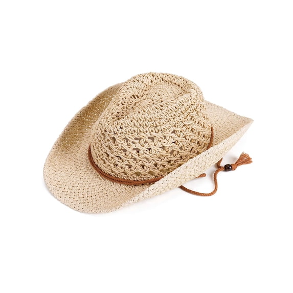 Gustave Western Straw Cowboy Hat for Women Men Wide Brim Beach Sun Hat Summer Fedora Cowgirl Hat with Windproof Chin Strap - Beige