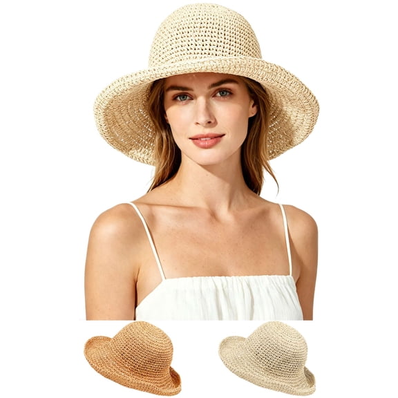 Gustave Wide Brim Beach Sun Hat for Women Crochet Straw Floppy Bucket Hat Foldable Breathable Summer Hats "Beige"