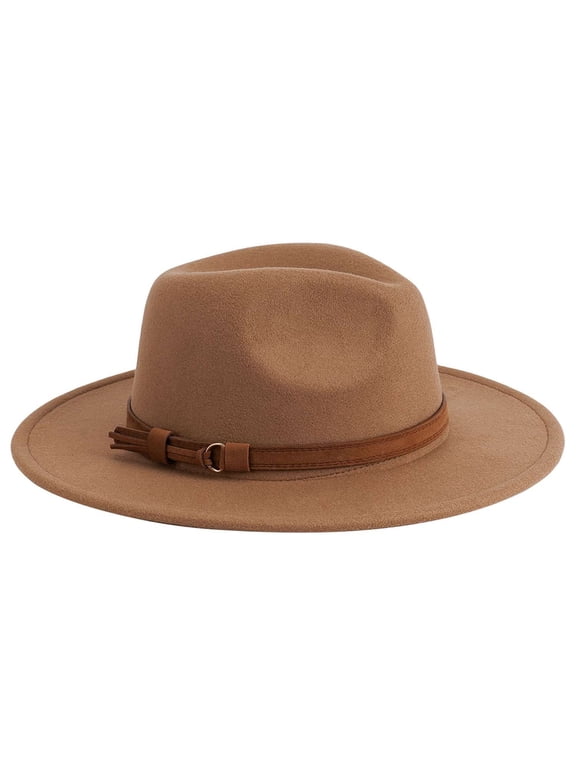 Wide Brim Fedora Panama Hat for Women Men Western Rancher Suede Hat with Belt Buckle - Camel