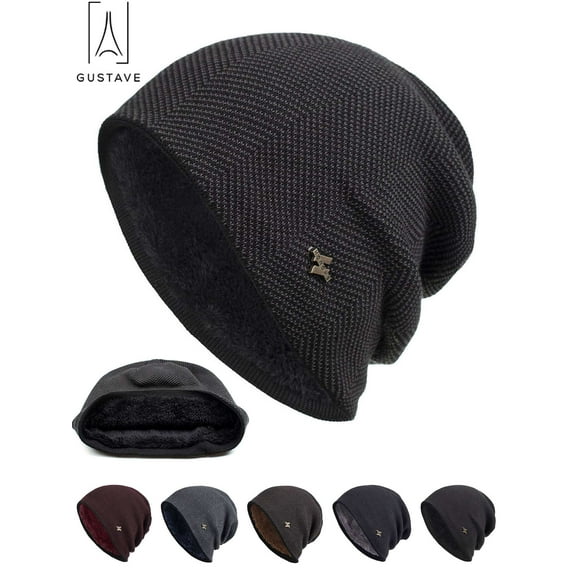 Gustave Winter Beanie Hat for Men Women Knit Fleece Lined Warm Slouchy Skull Cap Comfort Daily Soft Thick Baggy Beanies (Black)