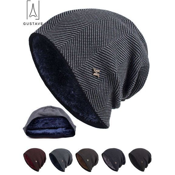 Gustave Winter Beanie Hat for Men Women Knit Fleece Lined Warm Slouchy Skull Cap Comfort Daily Soft Thick Baggy Beanies (Navy)
