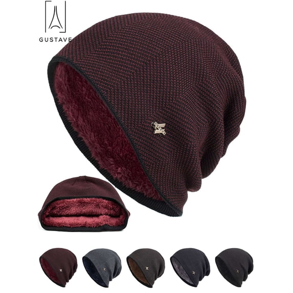 Gustave Winter Beanie Hat for Men Women Knit Fleece Lined Warm Slouchy Skull Cap Comfort Daily Soft Thick Baggy Beanies (Red)