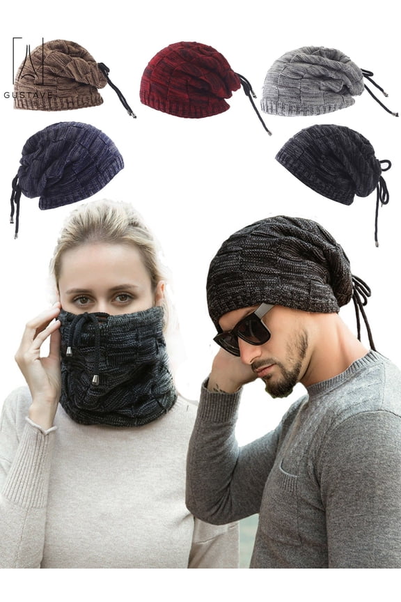 Winter Beanie Ponytail Messy Bun Beanie Tail Hat Knit Hats Loop Scarf with Drawstring "Gray"