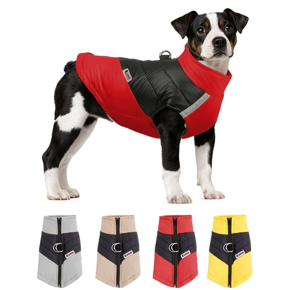 Gustave Winter Dog Coat Reflective Warm Dog Jackets Windproof Waterproof Pet Vest Puppy Cold Weather Coats Clothes with Harness Zipper for Small Medium Large Dogs (Red, L)