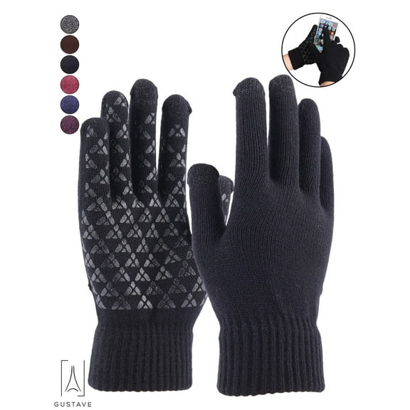 Gustave Winter Knit Gloves Touchscreen Windproof Anti-slip Thermal Soft Wool Lining Elastic Cuff for Women Men "Black, Women"