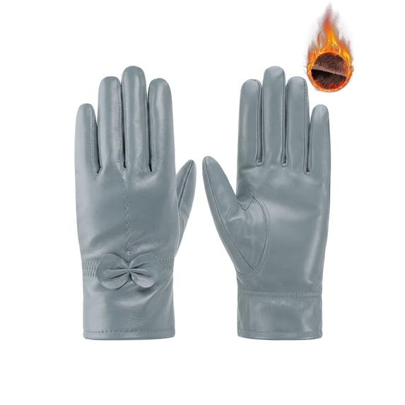 Gustave Winter PU Leather Gloves for Women Warm Thermal Fleece Lined Gloves Elegant Bowknot Touchscreen Texting Driving Cycling Gloves, Gray
