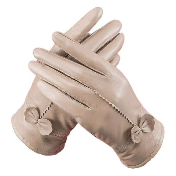 Gustave Winter PU Leather Gloves for Women Warm Thermal Fleece Lined Gloves Elegant Bowknot Touchscreen Texting Driving Cycling Gloves, Khaki