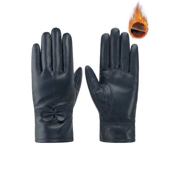 Gustave Winter PU Leather Gloves for Women Warm Thermal Fleece Lined Gloves Elegant Bowknot Touchscreen Texting Driving Cycling Gloves, Navy