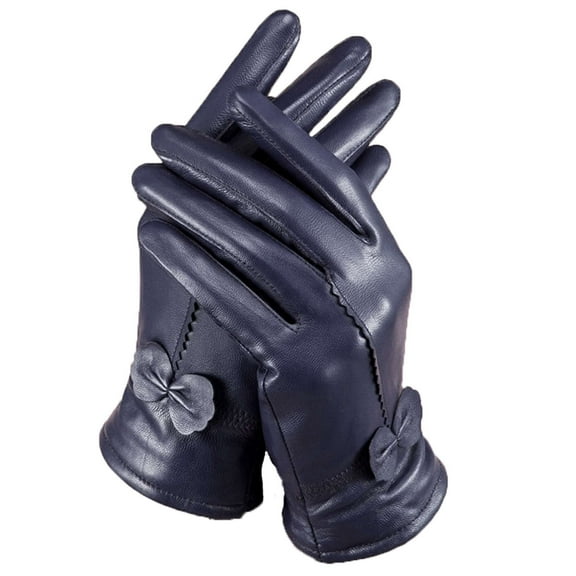 Gustave Winter PU Leather Gloves for Women Warm Thermal Fleece Lined Gloves Elegant Bowknot Touchscreen Texting Driving Cycling Gloves, Navy