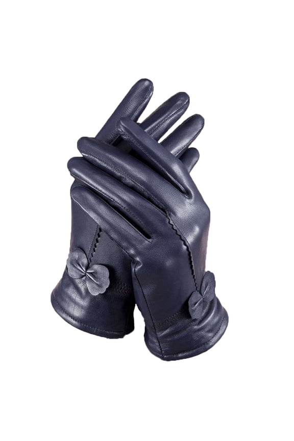 Winter PU Leather Gloves for Women Warm Thermal Fleece Lined Gloves Elegant Bowknot Touchscreen Texting Driving Cycling Gloves, Navy