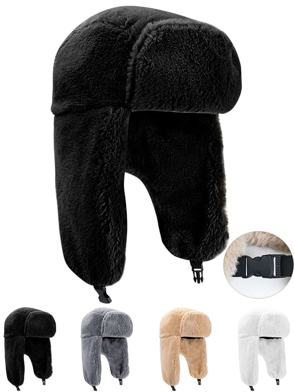 Winter Trapper Hat with Ear Flaps for Women Men Windproof Warm Trooper Hats Cold Weather Faux Fur Plush Ushanka Russian Hat for Outdoor Hunting Skiing - Black