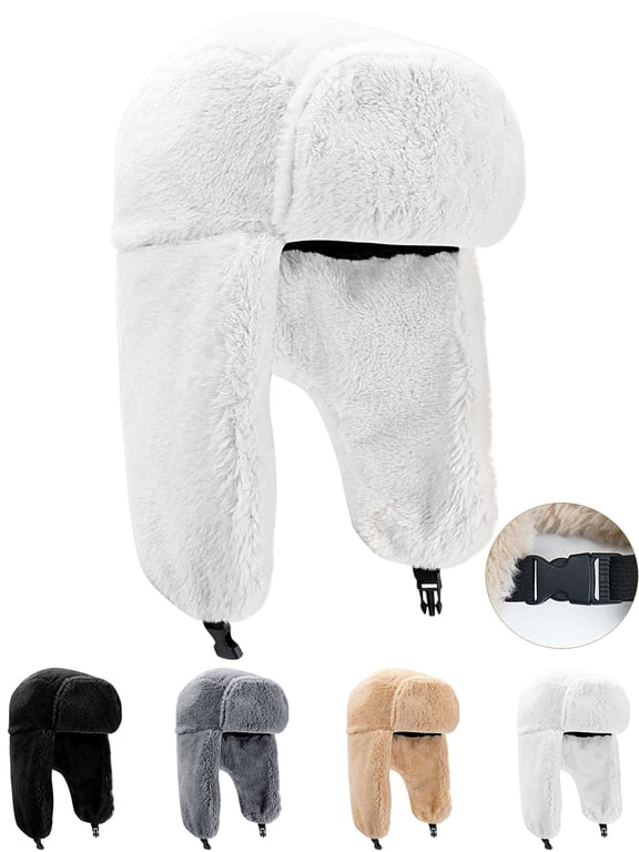 Winter Trapper Hat with Ear Flaps for Women Men Windproof Warm Trooper Hats Cold Weather Faux Fur Plush Ushanka Russian Hat for Outdoor Hunting Skiing - White