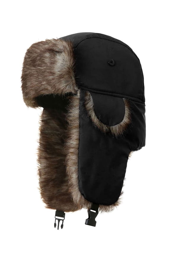 Winter Trapper Hats with Ear Flaps for Women Men, Faux Fur Ushanka Earflap Hats Cold Weather Windproof Hunting Hat Snow Ski Warm Cap for Outdoor - Black