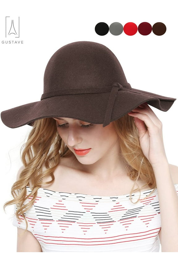 Women 100% Wool Wide Brim Felt Fedoras hat, Retro Autumn Winter Bowler Hats, Cloche Wide Brim Dome Cap "Coffee"