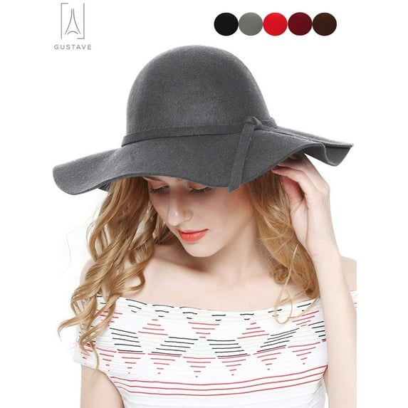 Gustave Women 100% Wool Wide Brim Felt Fedoras hat, Retro Autumn Winter Bowler Hats, Cloche Wide Brim Dome Cap "Gray"