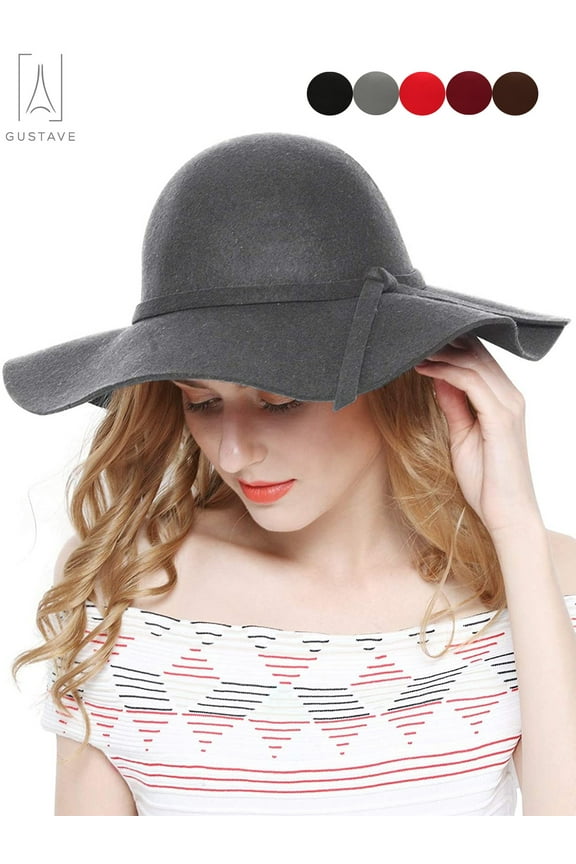 Women 100% Wool Wide Brim Felt Fedoras hat, Retro Autumn Winter Bowler Hats, Cloche Wide Brim Dome Cap "Gray"