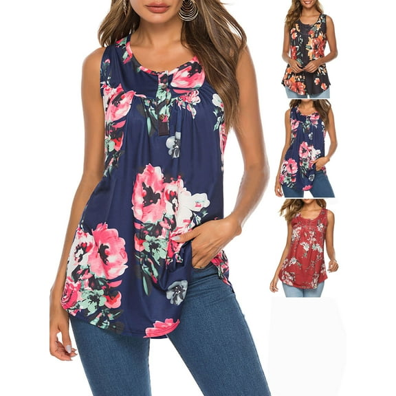 Gustave Button Up Sleeveless Shirts for Women Floral Print Tank Tops Summer Casual U Neck Flowy T-Shirt Blouse Vest Plus Size "Blue, 2XL"