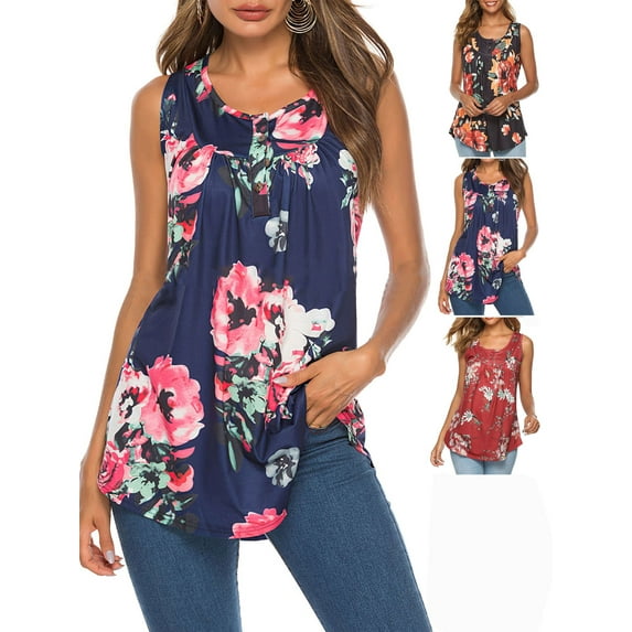 Gustave Button Up Sleeveless Shirts for Women Floral Print Tank Tops Summer Casual U Neck Flowy T-Shirt Blouse Vest Plus Size "Blue, 2XL"