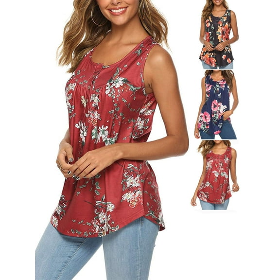 Gustave Button Up Sleeveless Shirts for Women Floral Print Tank Tops Summer Casual U Neck Flowy T-Shirt Blouse Vest Plus Size "Red, L"