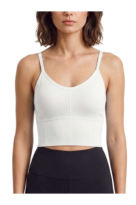 Women Cami Bras Seamless Padded Yoga Bralettes Wirefree Workout Sports Bra Comfort Camisole Spaghetti Strap Crop Tops "White"