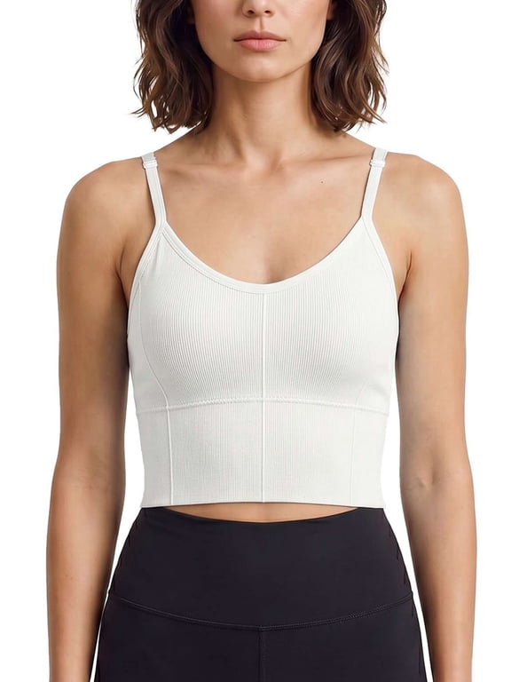 Women Cami Bras Seamless Padded Yoga Bralettes Wirefree Workout Sports Bra Comfort Camisole Spaghetti Strap Crop Tops "White"