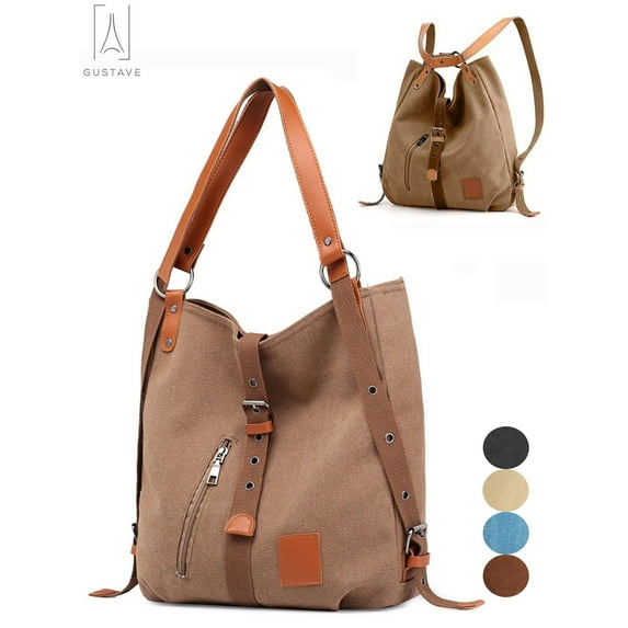 Gustave Women Canvas Tote Shoulder Bag Casual Vintage Crossbody Hobo Bags Convertible Backpack Purse Large Capacity Rucksack Handbag for Travel School "Coffee"