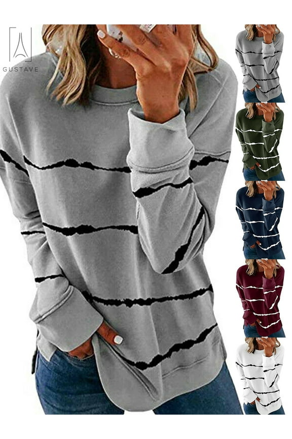 Women Casual Stripe Print T Shirt Long Sleeve Crew Neck Blouse Loose Tunic Sweatshirt Side Split Pullover Tops (Gray, 2XL)