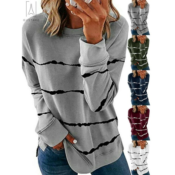 Gustave Women Casual Stripe Print T Shirt Long Sleeve Crew Neck Blouse Loose Tunic Sweatshirt Side Split Pullover Tops (Gray, M)