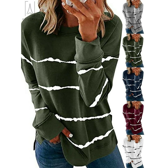 Gustave Women Casual Stripe Print T Shirt Long Sleeve Crew Neck Blouse Loose Tunic Sweatshirt Side Split Pullover Tops (Green, XL)