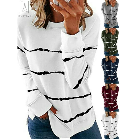 Gustave Women Casual Stripe Print T Shirt Long Sleeve Crew Neck Blouse Loose Tunic Sweatshirt Side Split Pullover Tops (White, M)