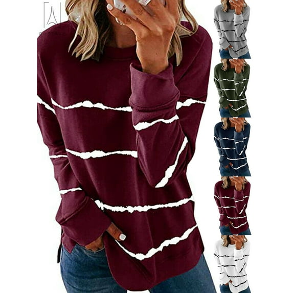 Gustave Women Casual Stripe Print T Shirt Long Sleeve Crew Neck Blouse Loose Tunic Sweatshirt Side Split Pullover Tops (Wine Red, 2XL)